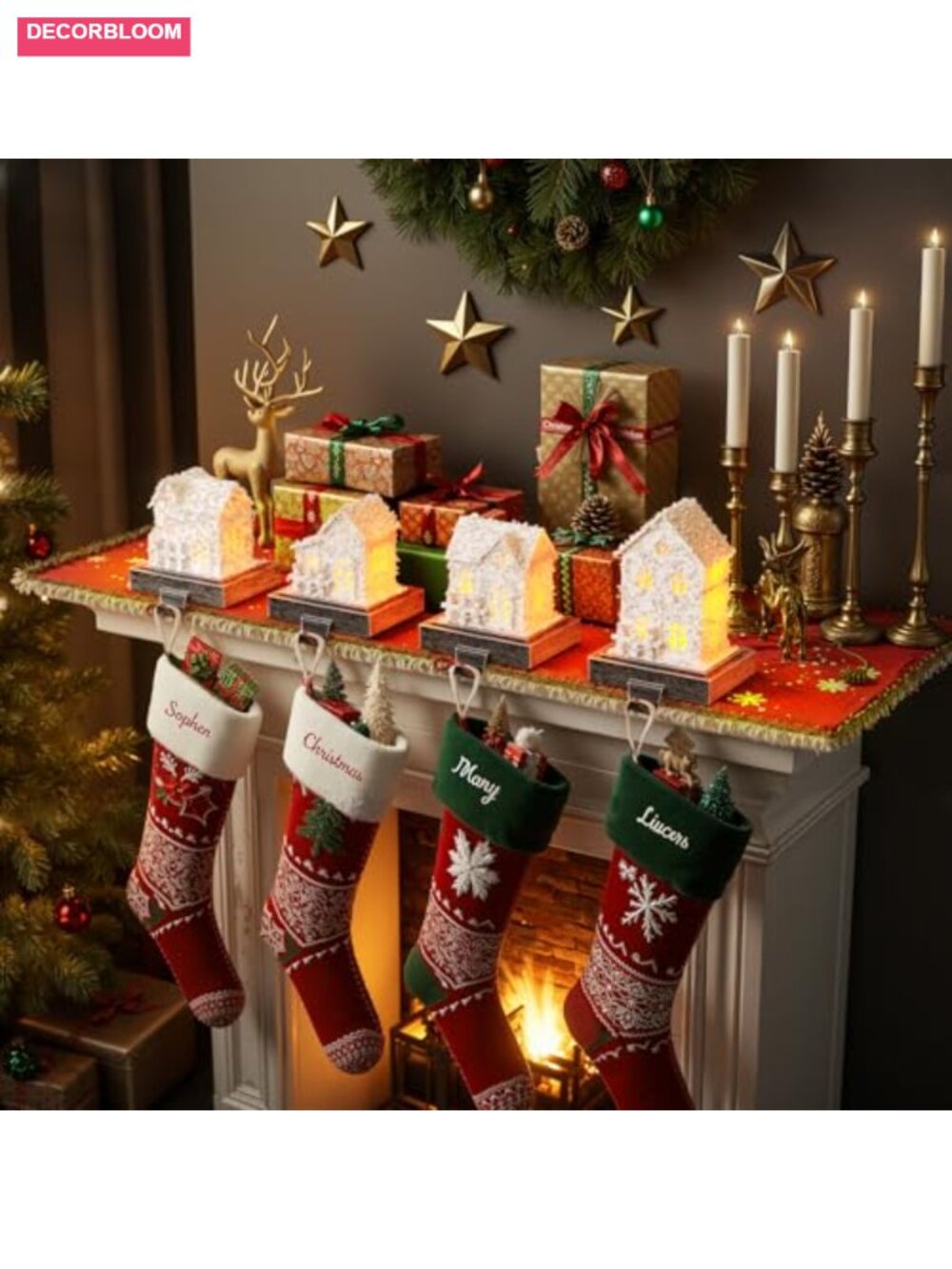 4-Piece LED Lighted Christmas Stocking Holders for Mantle Resin Garland Hangers